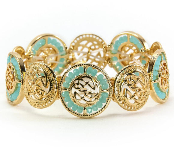 Alternating Glass Beaded Celtic Stretch Bracelet - Goldtone/Turquoise
