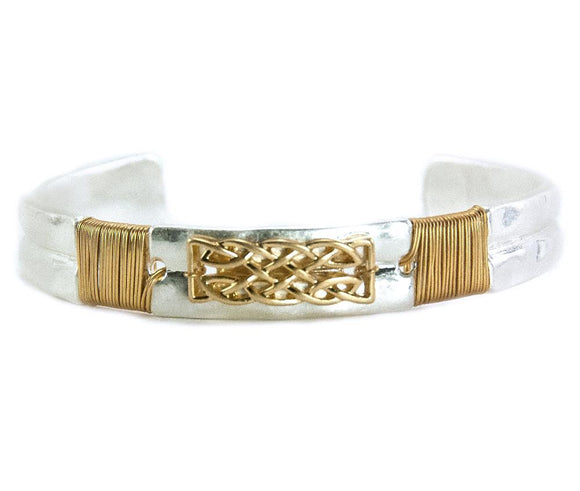 Celtic Knot with Wire Open Cuff Bracelet - Goldtone on Silvertone