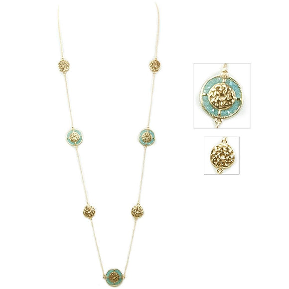 Alternating Glass Beaded Celtic Necklace - Goldtone/Turquoise