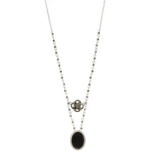 Black Onyx Oval Stone Beaded Celtic Necklace - Silvertone