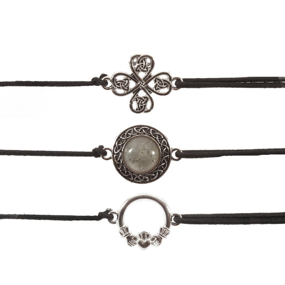 Triple Carded Celtic Pull-String Bracelets (Celtic Shamrock/Labradorite Celtic Design/Claddagh)