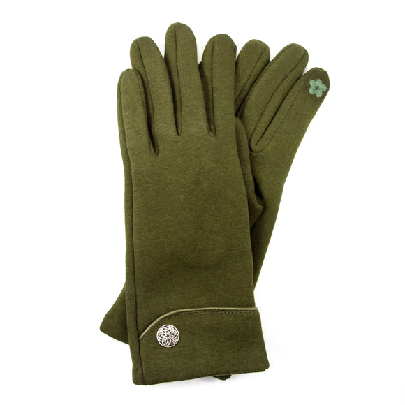 Dark Olive Green Jersey Knit Gloves with Celtic Button