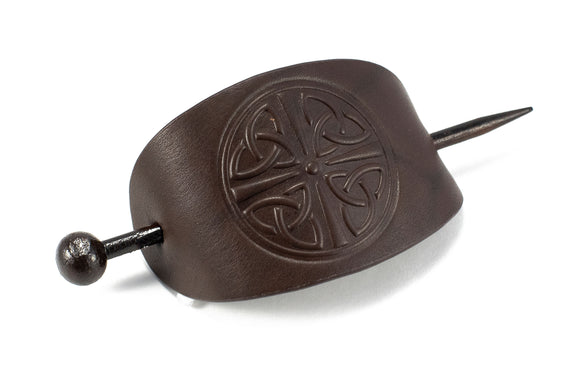 Celtic Leather Barrette with Stick - Brown