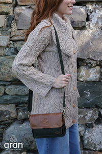 Dark Green Herringbone and Leather Crossbody Bag